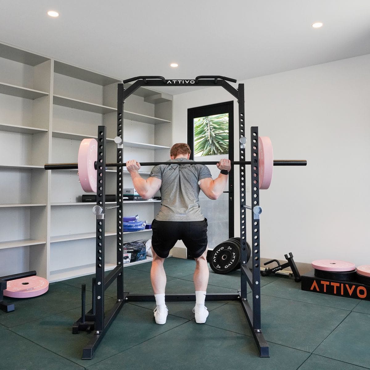 ATTIVO L2 Heavy Duty Half Power Cage Weight Lifting Squat Rack with Lat Low Row System