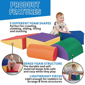 YOZZI Large Soft Foam Block Indoor Climb Crawl and Slide Safe Foam Play Set - 5 Piece