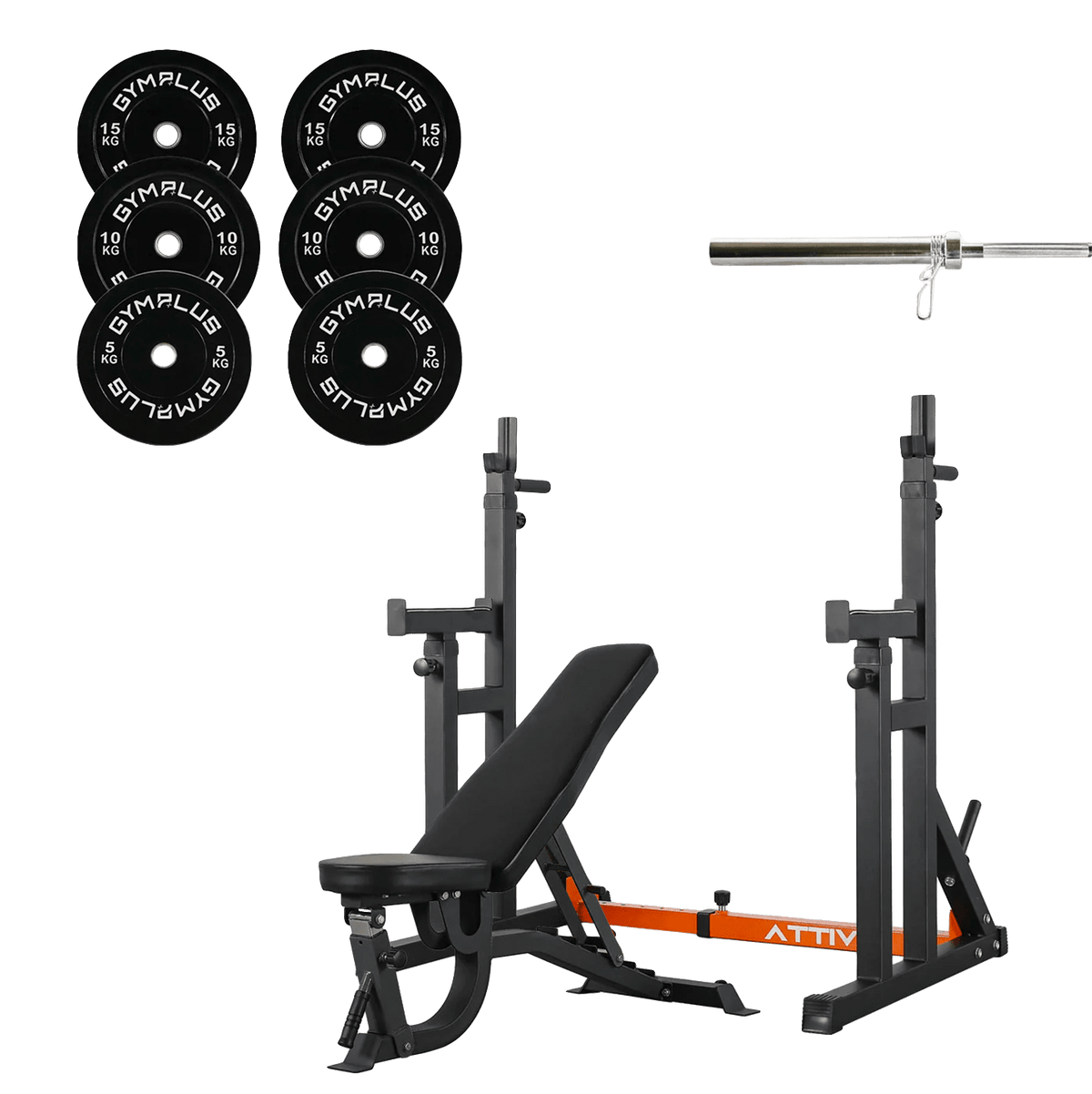 All-in-One Home Gym Lifting Starter Package - Bench, Rack, Barbell and Bumper Plates Set
