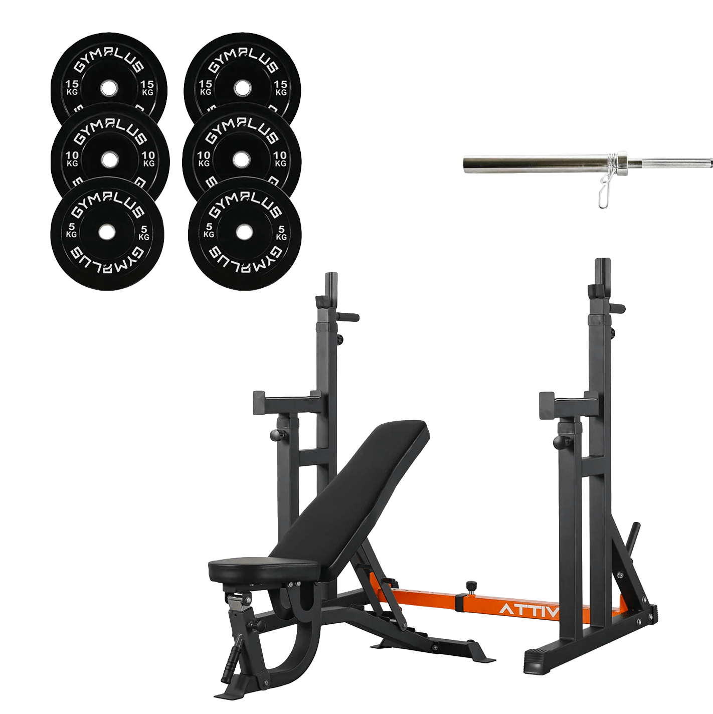 All-in-One Home Gym Lifting Starter Package - Bench, Rack, Barbell and Bumper Plates Set