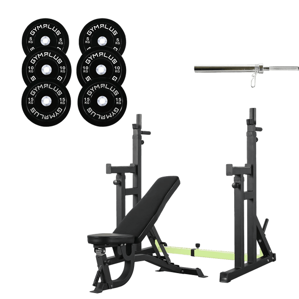 Gym Plus All-in-One Home Gym Lifting Starter Package - Bench, Rack, Barbell and Bumper Plates Set S-COMBO-A