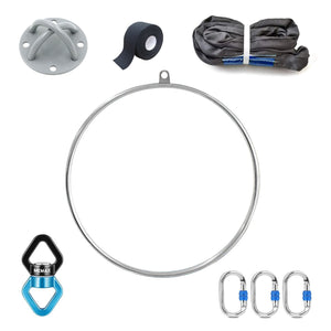MEMAX Aerial Lyra Hoop 85cm/90cm Aerial Ring Full Set Single Point Circus Aerial Yoga Hoop with Accessories - Chrome/Black