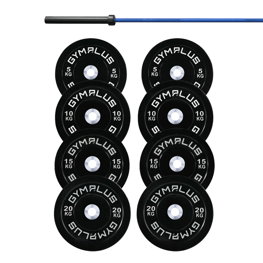 Gym Plus Cerakote Olympic Bar 20KG and Bumper Plates Set DOMBLUE+B100