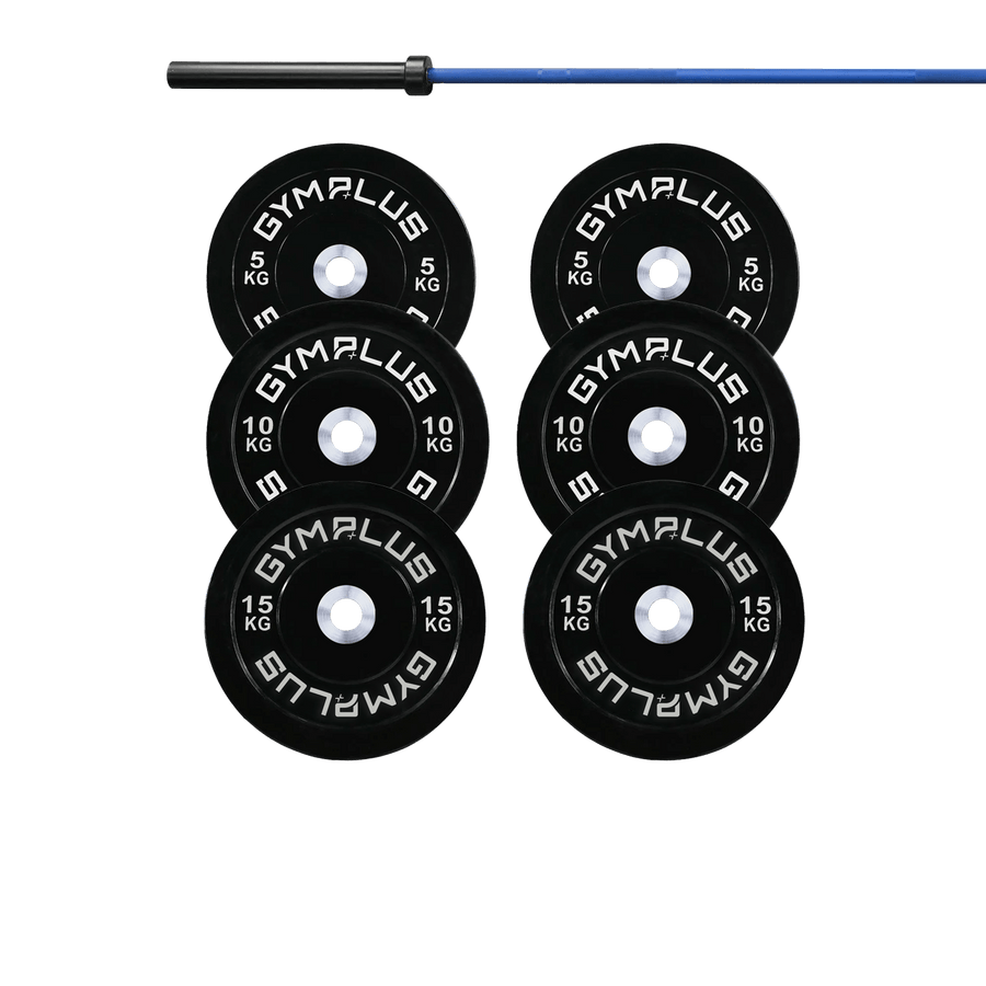 Gym Plus Cerakote Olympic Bar 20KG and Bumper Plates Set DOMBLUE+B60