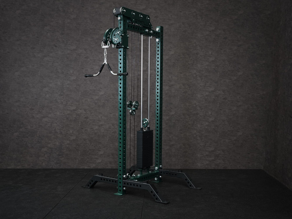 Gym Plus Extended Tricep Bar Cable Attachment with Rubber Grips TRICEP-BAR the attachment is being attached to Evolve Cable Tower