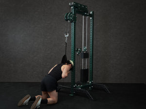Gym Plus Ab Crunch Harness Cable Attachment CABLE-CRUNCH a man is performing ab crunch in front of Evolve Cable Tower