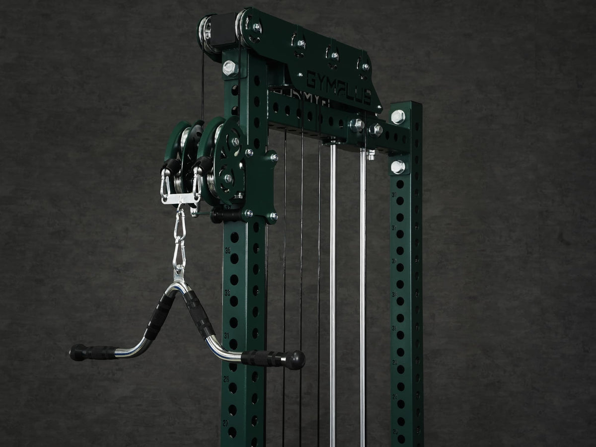Gym Plus Extended Tricep Bar Cable Attachment with Rubber Grips TRICEP-BAR  tricep bar cable attachment is being attached to Evolve Cable Tower