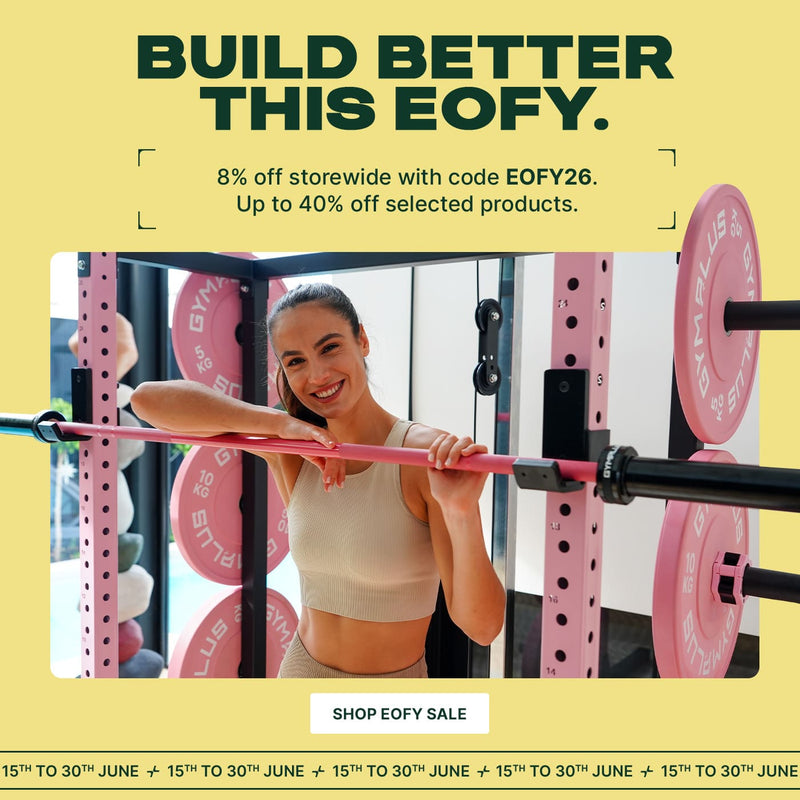 Woman exercising with gym equipment, promotional text for EOFY sale on a yellow background