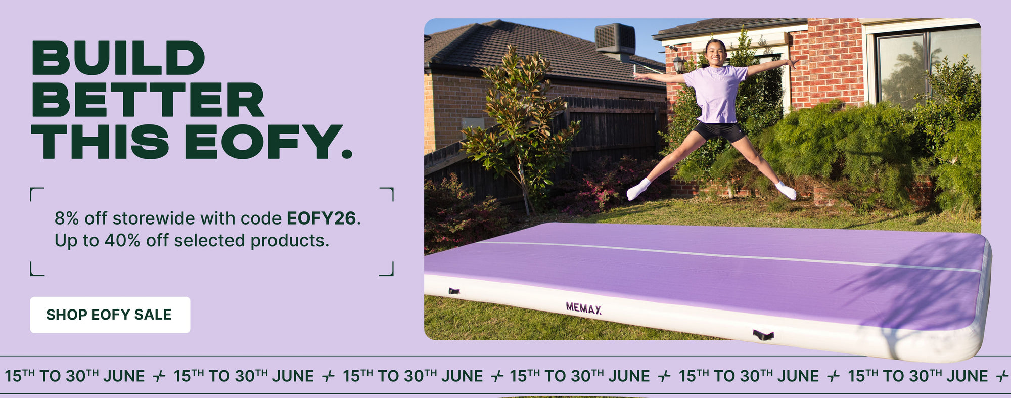 Person jumping on a purple trampoline in a backyard with promotional text overlay.