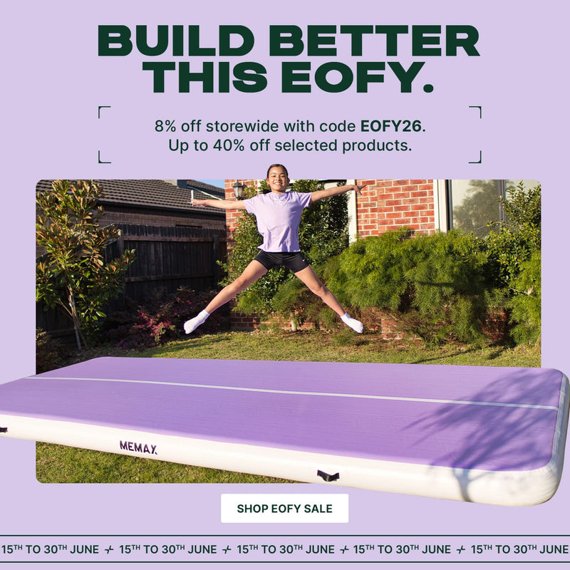 Person jumping on a trampoline with promotional text overlay