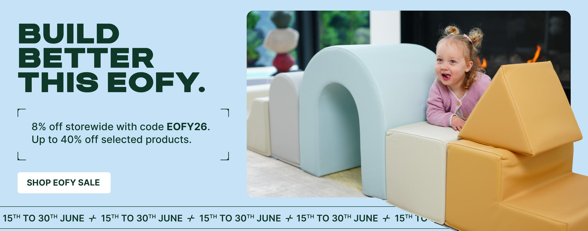 Children's play furniture with promotional text overlay on a light blue background