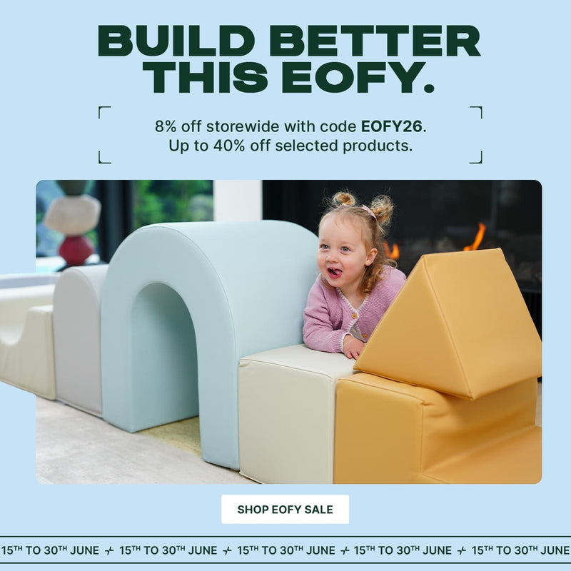 Children playing with colorful foam play structures with promotional text overlay.