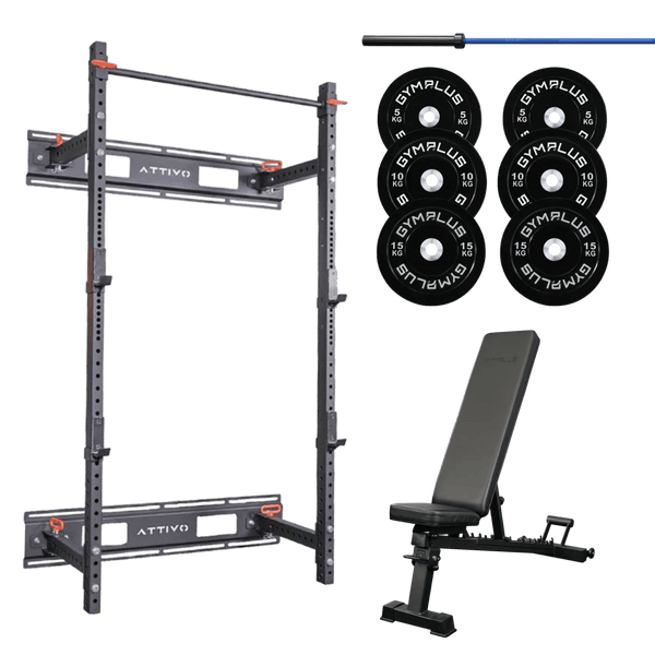 Gym Plus Folding Wall Mount Power Rack Garage Gym Package FOLD-BUNDLE