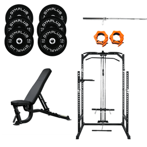 Gym Plus Home Gym Lifting Intermediate Package - Bench, Rack with Pulldown, Barbell and Bumper Plates Set HALFRACK-HD-PCK