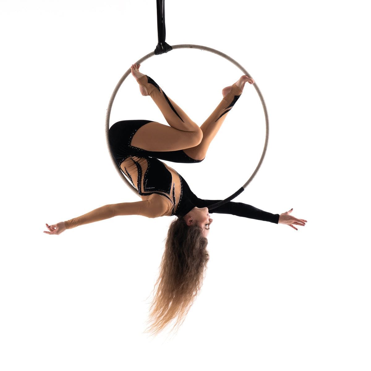 MEMAX Aerial Lyra Hoop 85cm/90cm Aerial Ring Full Set Single Point Circus Aerial Yoga Hoop with Accessories - Chrome/Black