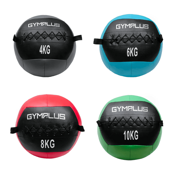 Gym Plus Soft Wall Ball – Stitched PU Medicine Ball - Set of 4 Balls 4,6,8,10kg WALLBALL-46810