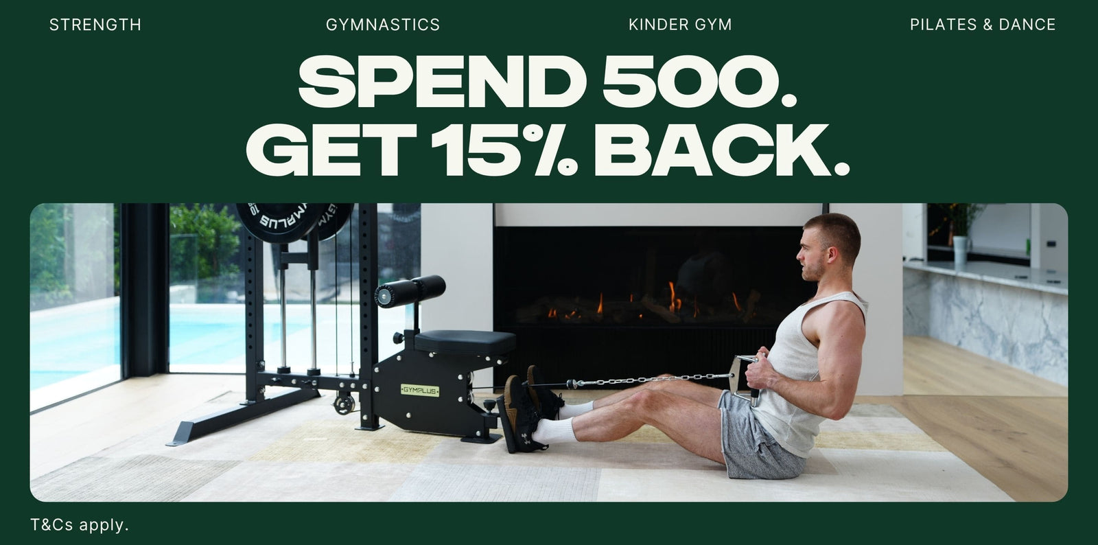 Man exercising on a machine in a home gym with promotional text overlay.