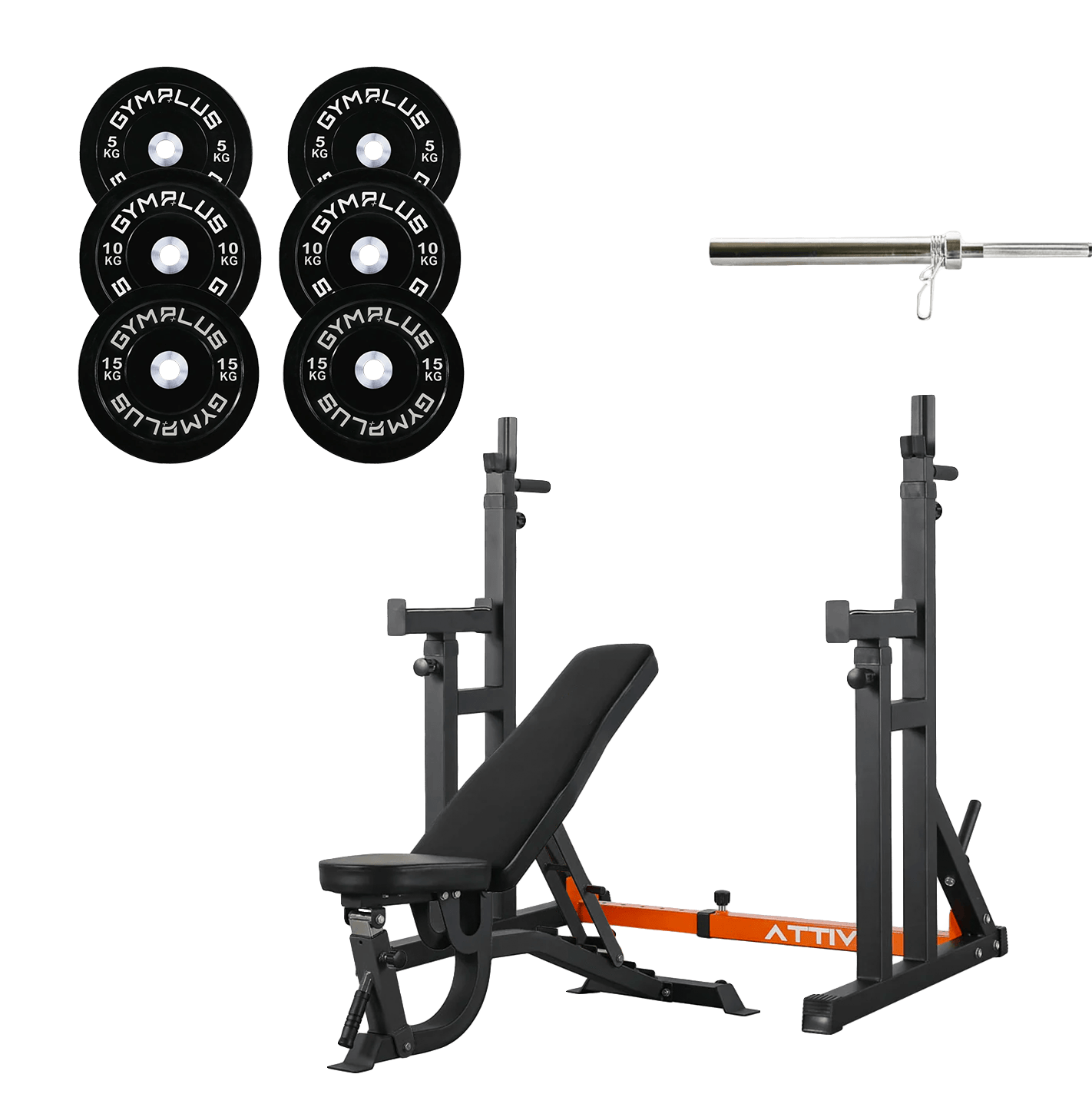 All-in-One Home Gym Lifting Starter Package - Bench, Rack, Barbell and Bumper Plates Set