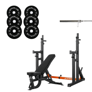 All-in-One Home Gym Lifting Starter Package - Bench, Rack, Barbell and Bumper Plates Set