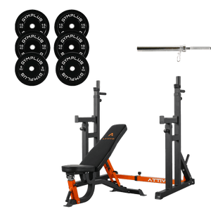 All-in-One Home Gym Lifting Package - Bench, Rack, Barbell and Bumper Plates Set