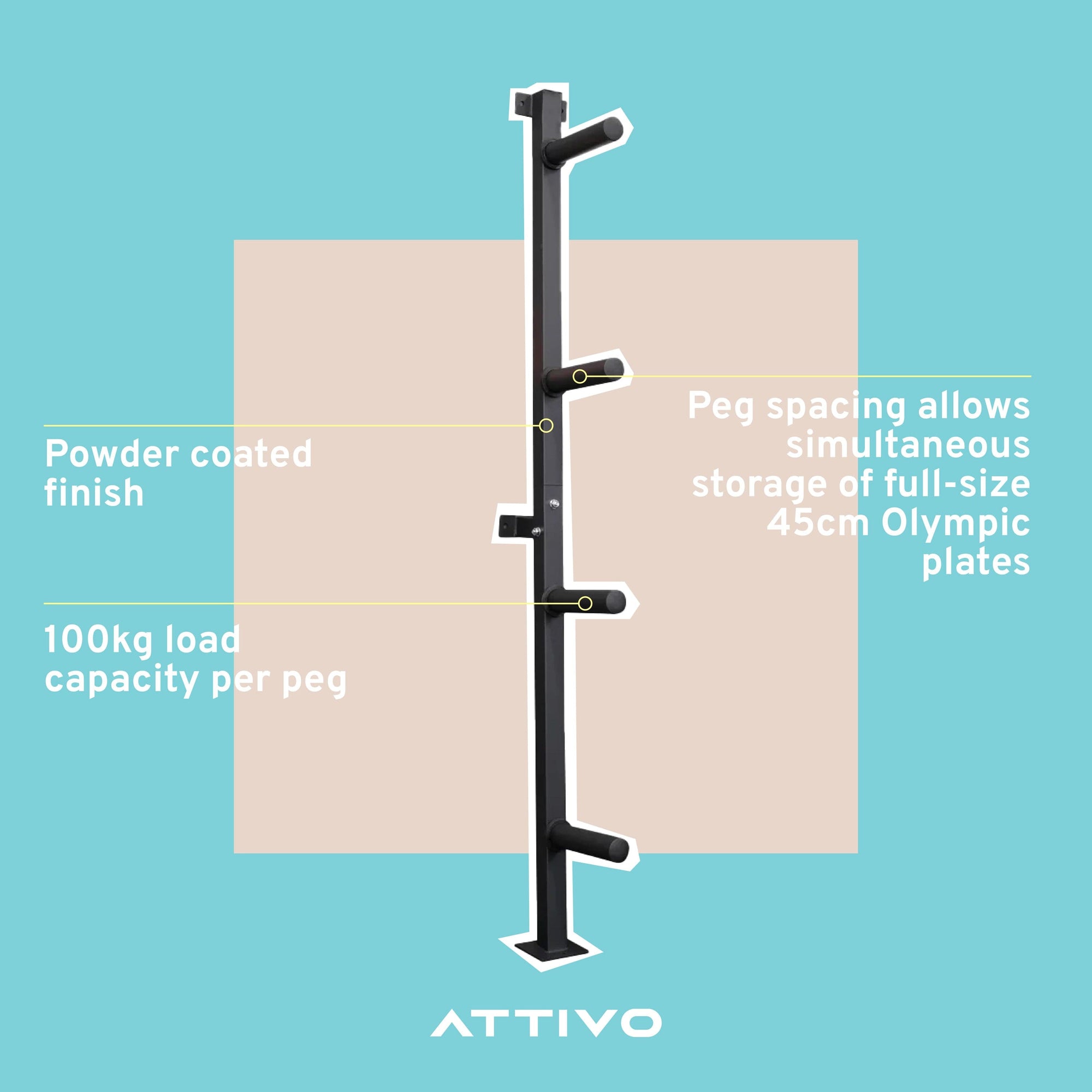 ATTIVO Weight Plate Storage Rack Wall Mounted Weight Plate Holder - 4 Pegs