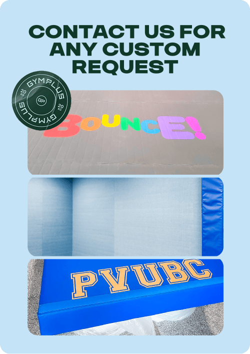 Custom foam padding services advertisement featuring three example photos of custom sports mats with colorful lettering and text reading 'CONTACT US FOR ANY CUSTOM REQUEST' and a 'GYMPLUS' logo.