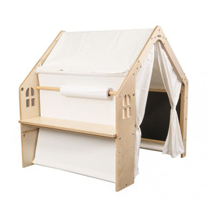 YOZZI Large Wooden Indoor Playhouse Playground with Tent, Table, and Chalkboard